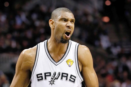 SAN ANTONIO, TX - JUNE 16:  Tim Duncan #21 of the San Antonio Spurs reacts in the first half while taking on the Miami Heat during Game Five of the 2013 NBA Finals at the AT&T Center on June 16, 2013 in San Antonio, Texas. NOTE TO USER: User expressly acknowledges and agrees that, by downloading and or using this photograph, User is consenting to the terms and conditions of the Getty Images License Agreement.  (Photo by Kevin C. Cox/Getty Images)